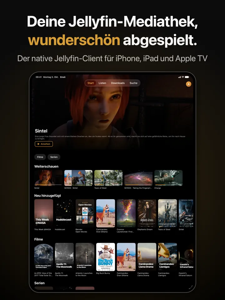 Ensō auf dem iPad: die Startseite mit einem hervorgehobenen Film, „Weiterschauen“ und „Neu hinzugefügt“