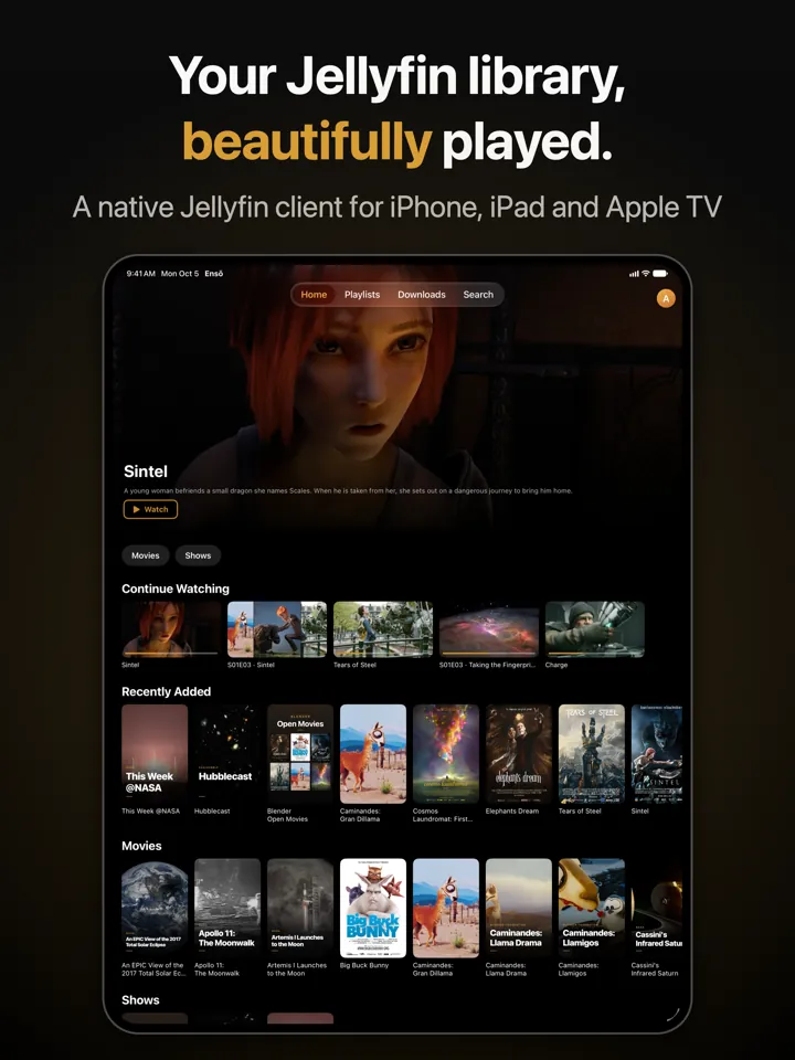 Ensō on iPad: the home screen with a featured film, Continue Watching and Recently Added