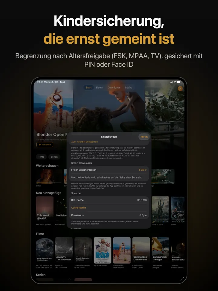 Kindersicherung auf dem iPad: eine nach Altersfreigabe begrenzte Mediathek und ein gesperrter Titel