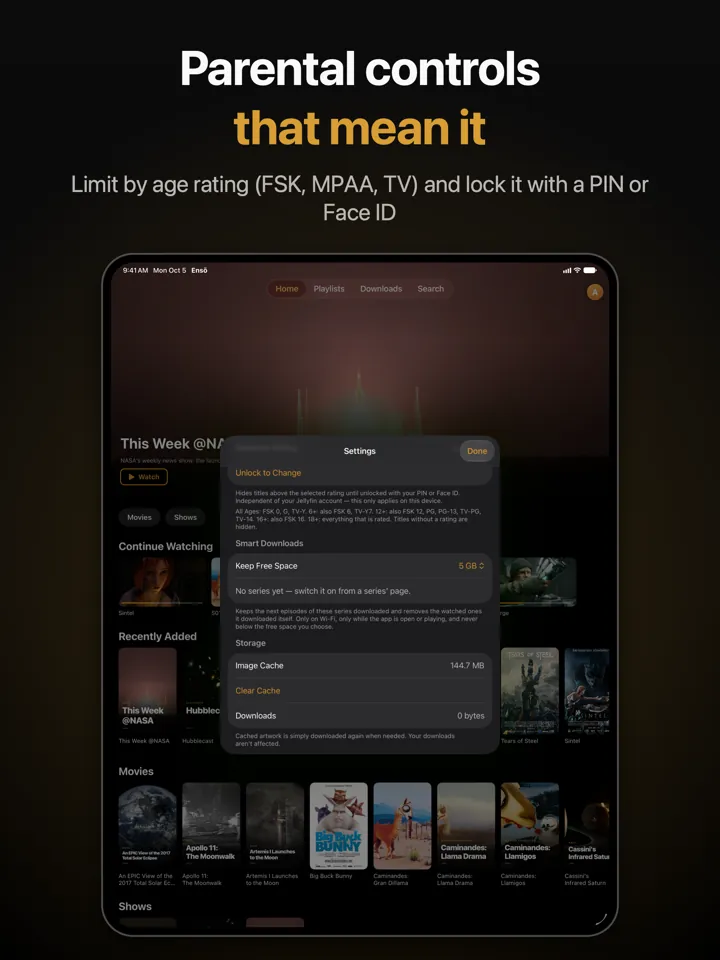 Parental controls on iPad: a library limited by age rating and a locked title