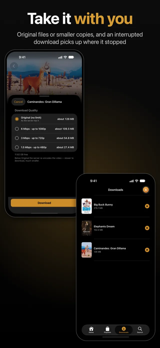 Downloads on iPhone: the choice between the original file and smaller copies with the expected size, and the list of downloaded films