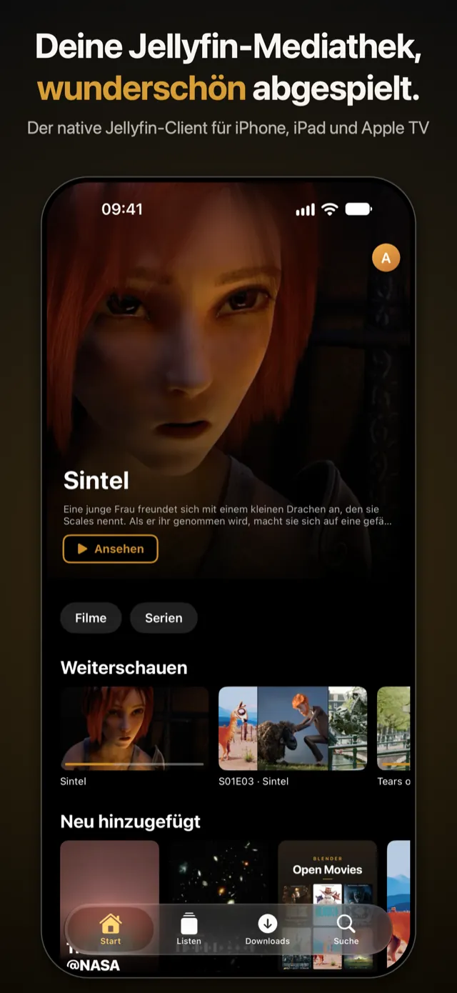 Ensō auf dem iPhone: die Startseite mit einem hervorgehobenen Film, „Weiterschauen“ und „Neu hinzugefügt“