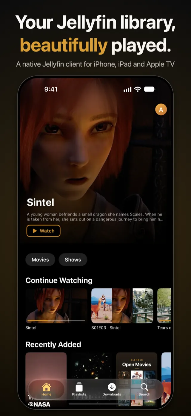 Ensō on iPhone: the home screen with a featured film, Continue Watching and Recently Added