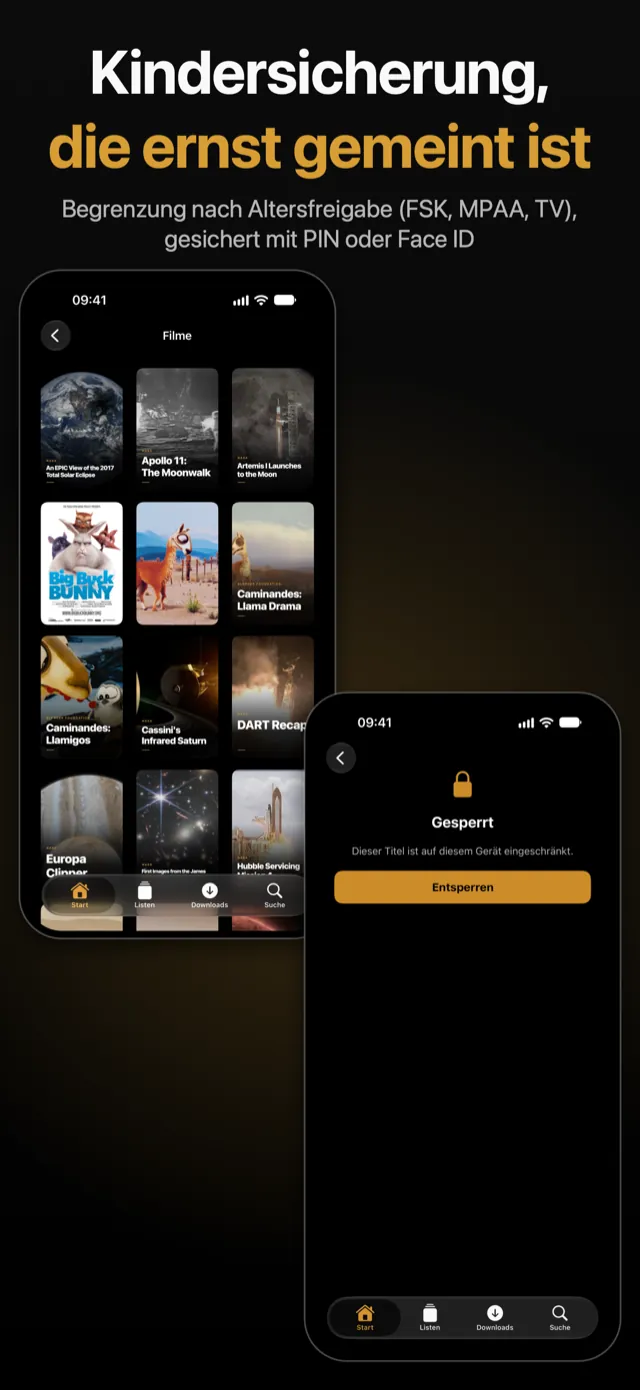 Kindersicherung auf dem iPhone: eine nach Altersfreigabe begrenzte Mediathek und ein gesperrter Titel, der nach PIN oder Face ID fragt