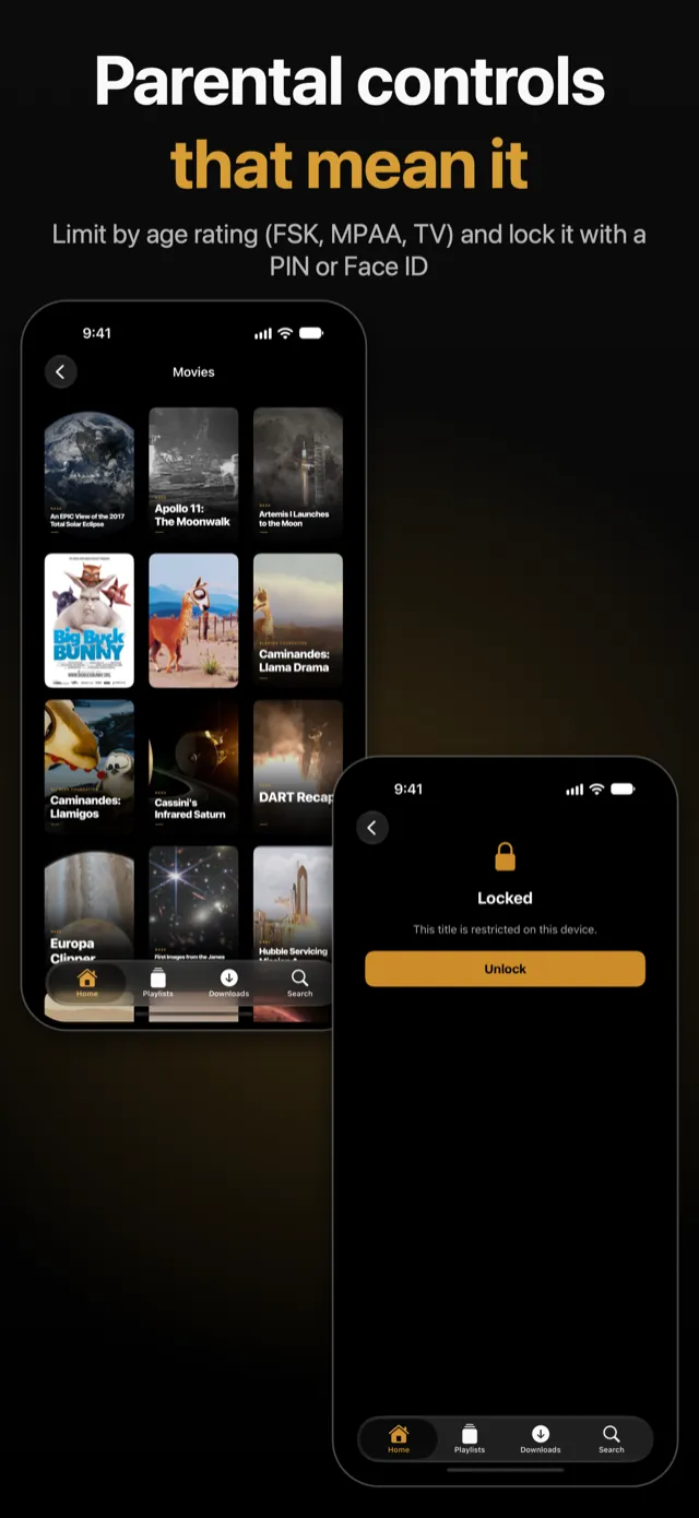 Parental controls on iPhone: a library limited by age rating and a locked title that asks for a PIN or Face ID