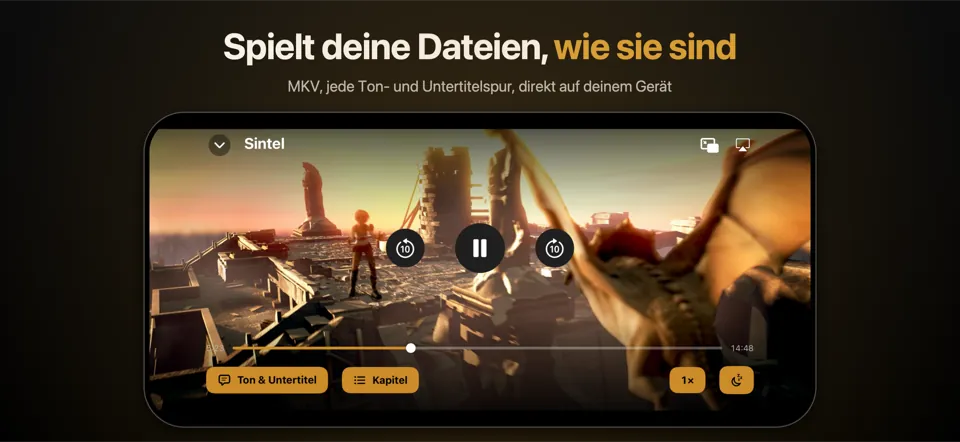 Der Player auf dem iPhone im Querformat: ein Film als MKV mit den Bedienelementen für Ton, Untertitel und Kapitel