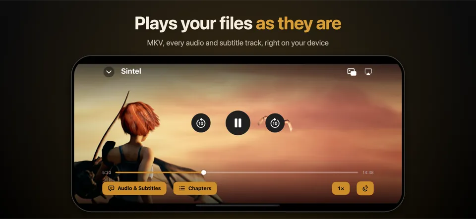 The player on iPhone in landscape: a film in MKV with its controls for audio, subtitles and chapters