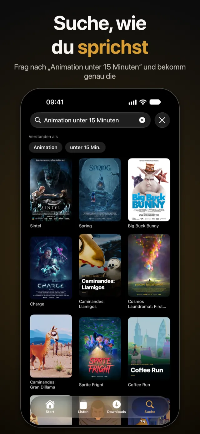 Suche auf dem iPhone: der Satz „Animation unter 15 Minuten“, verstanden als Genre und Länge, mit den passenden Filmen