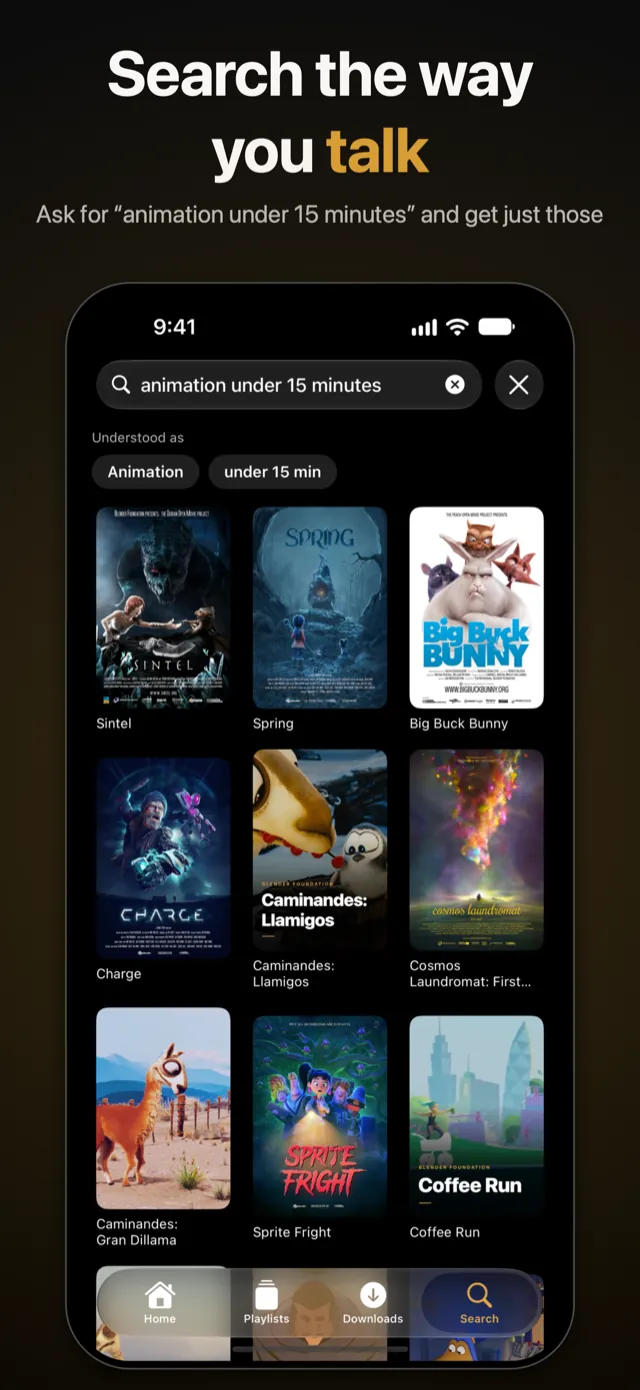Search on iPhone: the sentence “animation under 15 minutes” understood as a genre and a length, with the matching films