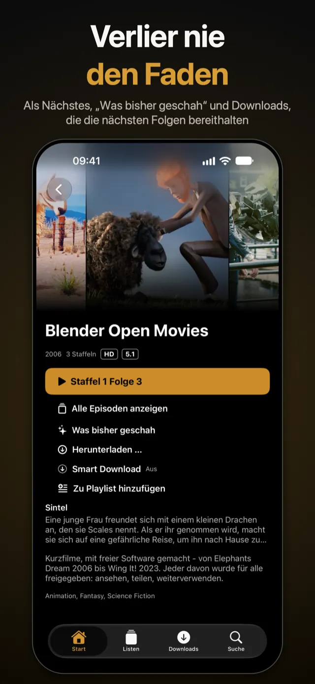 Eine Serie auf dem iPhone mit der nächsten Folge, „Was bisher geschah“, „Herunterladen…“ und „Smart Download“