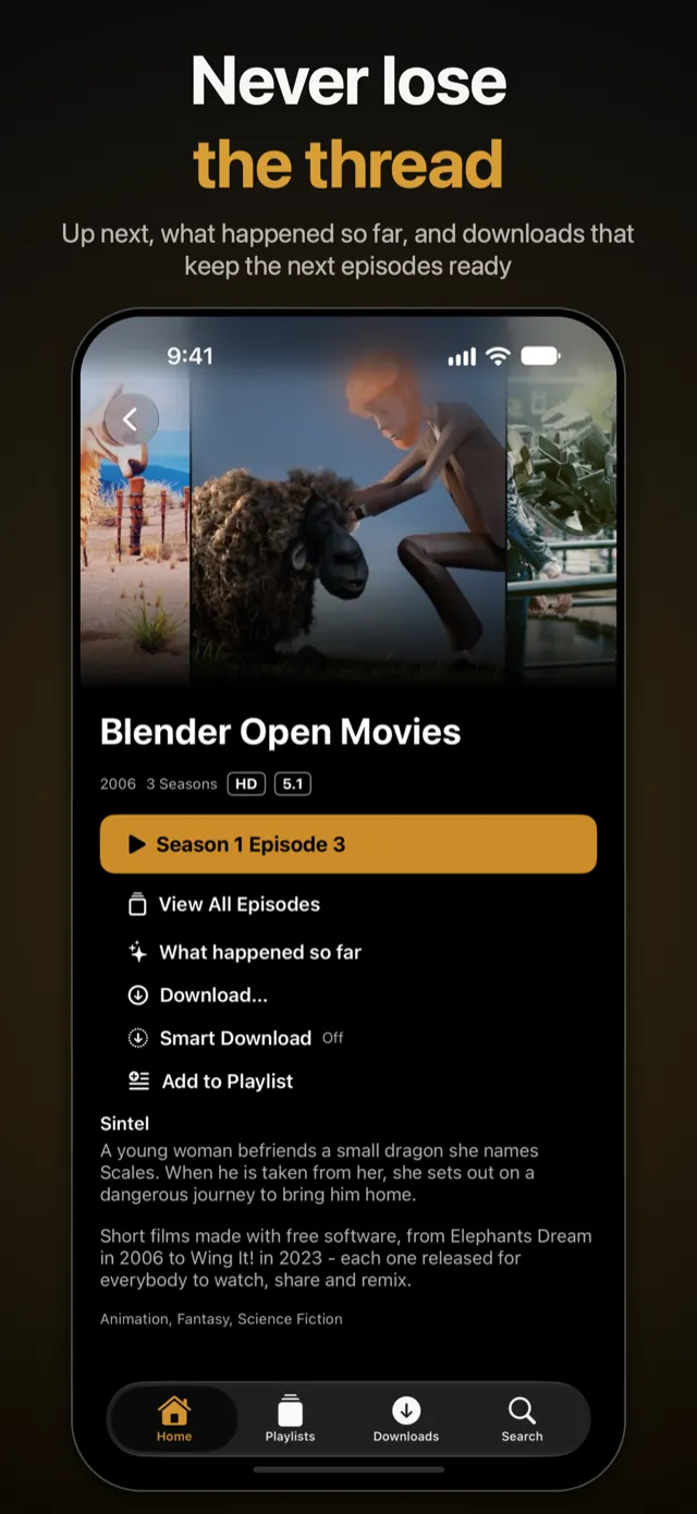 A series on iPhone with the next episode, What happened so far, Download and Smart Download