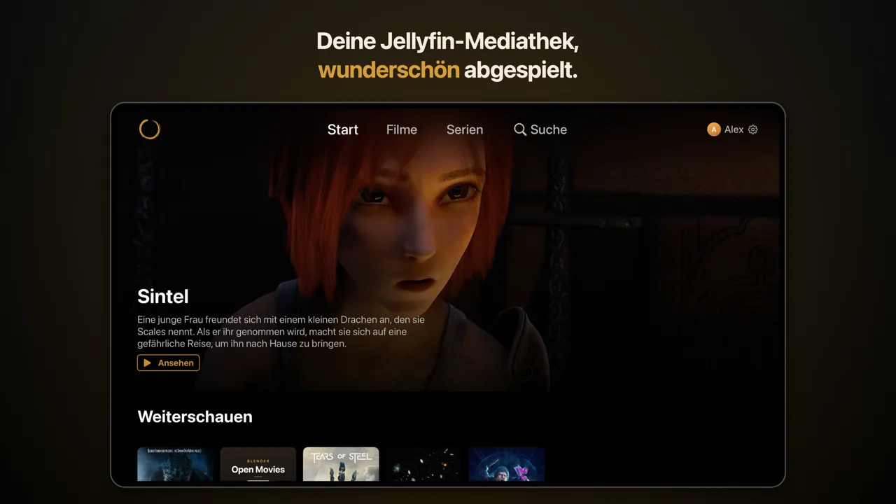 Ensō auf dem Apple TV: die Startseite mit einem hervorgehobenen Film und „Weiterschauen“