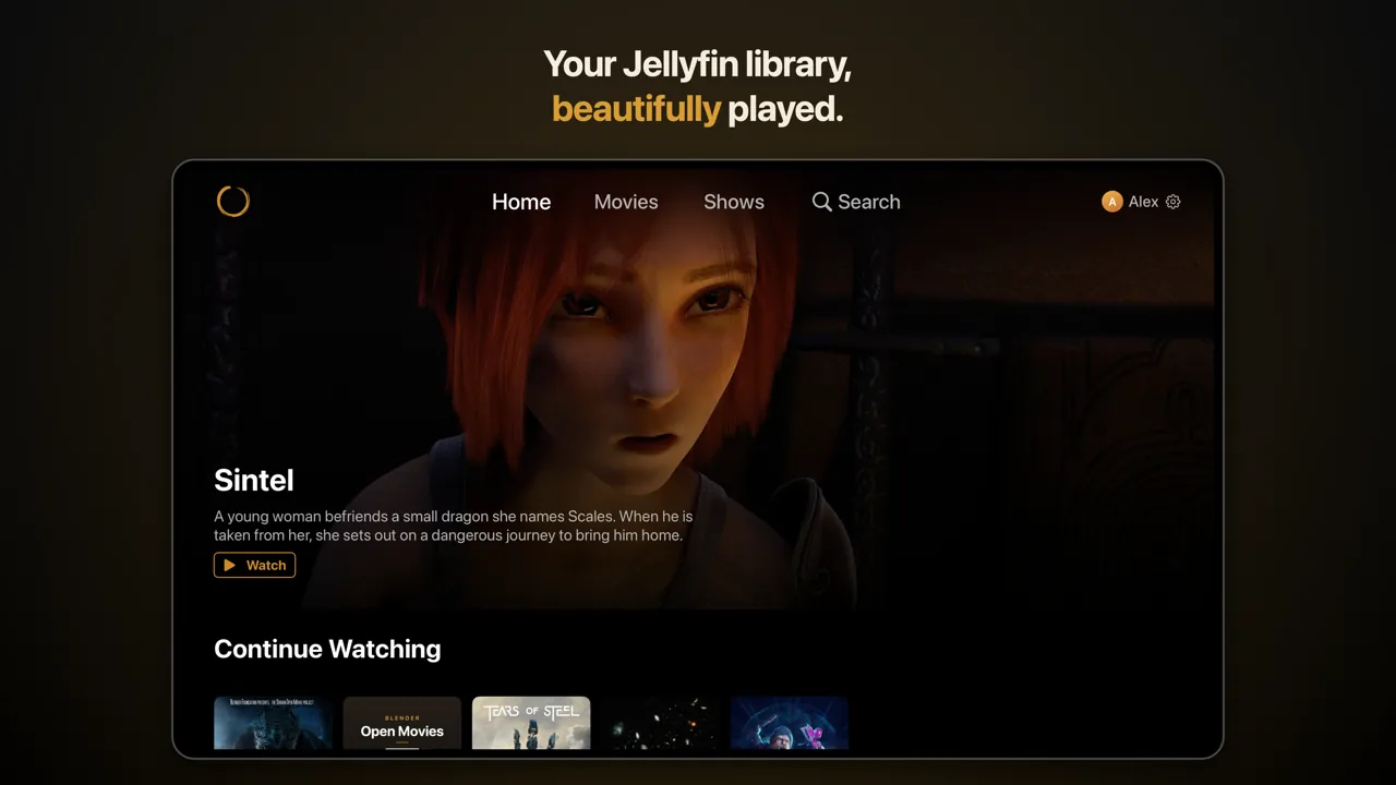 Ensō on Apple TV: the home screen with a featured film and Continue Watching